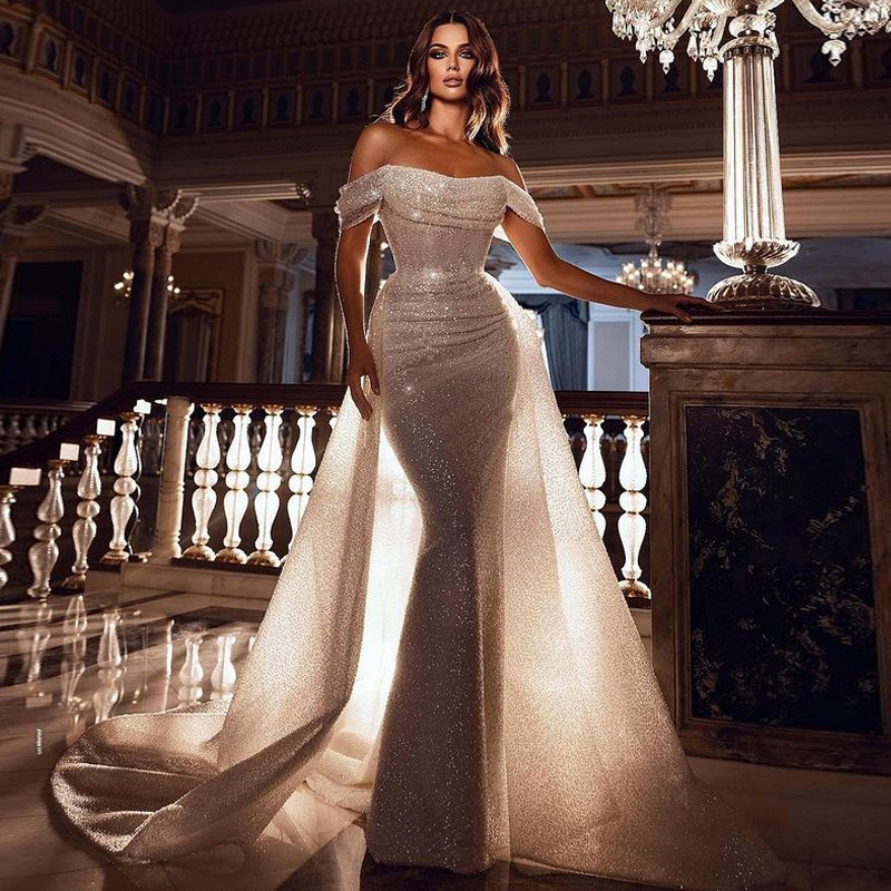 New Plus Size Bling Wedding With Long Train Off Shoulder Bridal Gowns Vestido Novia Beading Appliques Bride Dress Beach Boho Sexy Wed Dresses Mermaid