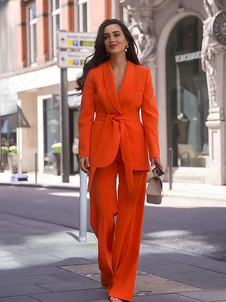 Womens Blazer Set 2 Pieces Long Sleeve VNeck Belted High Waisted Wide Leg Trousers Casual Elegant OL Sui 240127