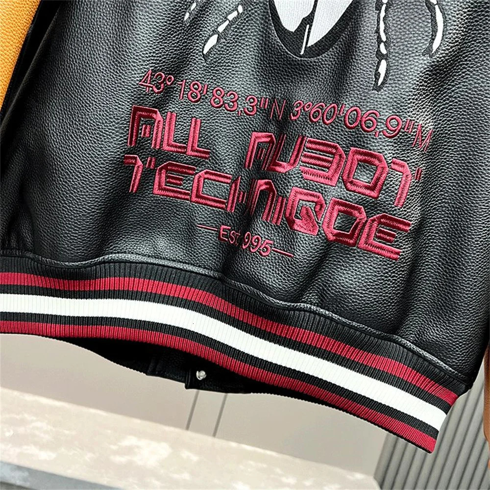 Patched PU Leather Pilot Jacket Coat with Cotton Leather Casual Loose Fit 240126