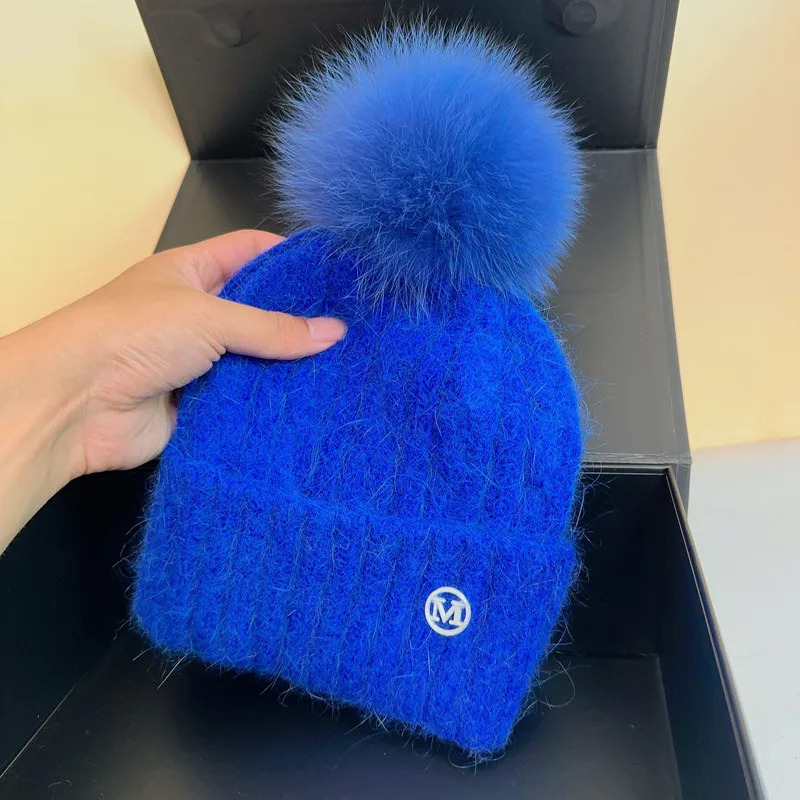 Feal fox Pom Women Hat Natural Fur Winter Hat Beanies Hat Fowmen Fashion Warm Wool Ski Real PomPom Hat 240125