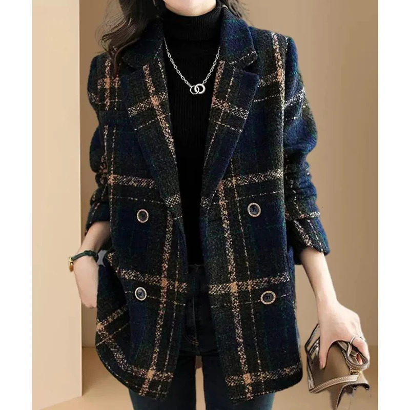 Women Mid Length Casual Plaid Woolen Jacket Female Spring Autumn Retro British Style Wool Blend Lattice Overcoat Wild Top 240124