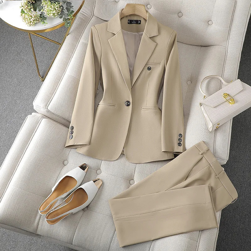 Solid Office Lady Suit For Women Blue Brown Apriot Color Blazer And Pants Spring Autumn Pantsuit 2 Piece 240127