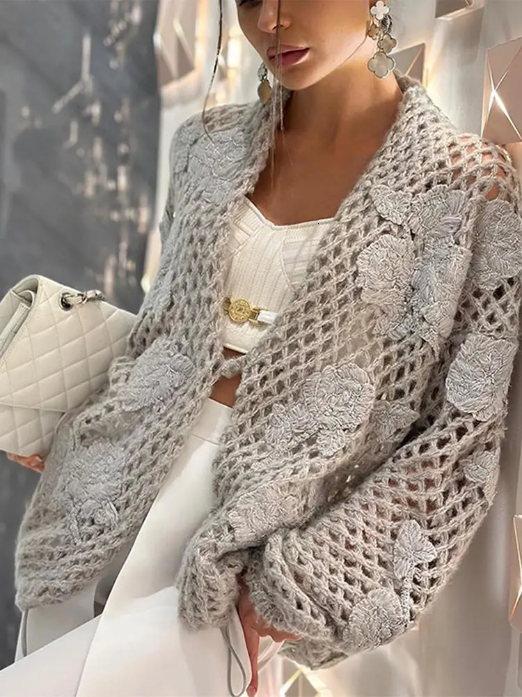 Flower Embroidery Women Hollow Out Cardigan Loose Shiny Stand Collar Zipper Knitted Coat Elegant Ladies Evening Party Sweater 240202