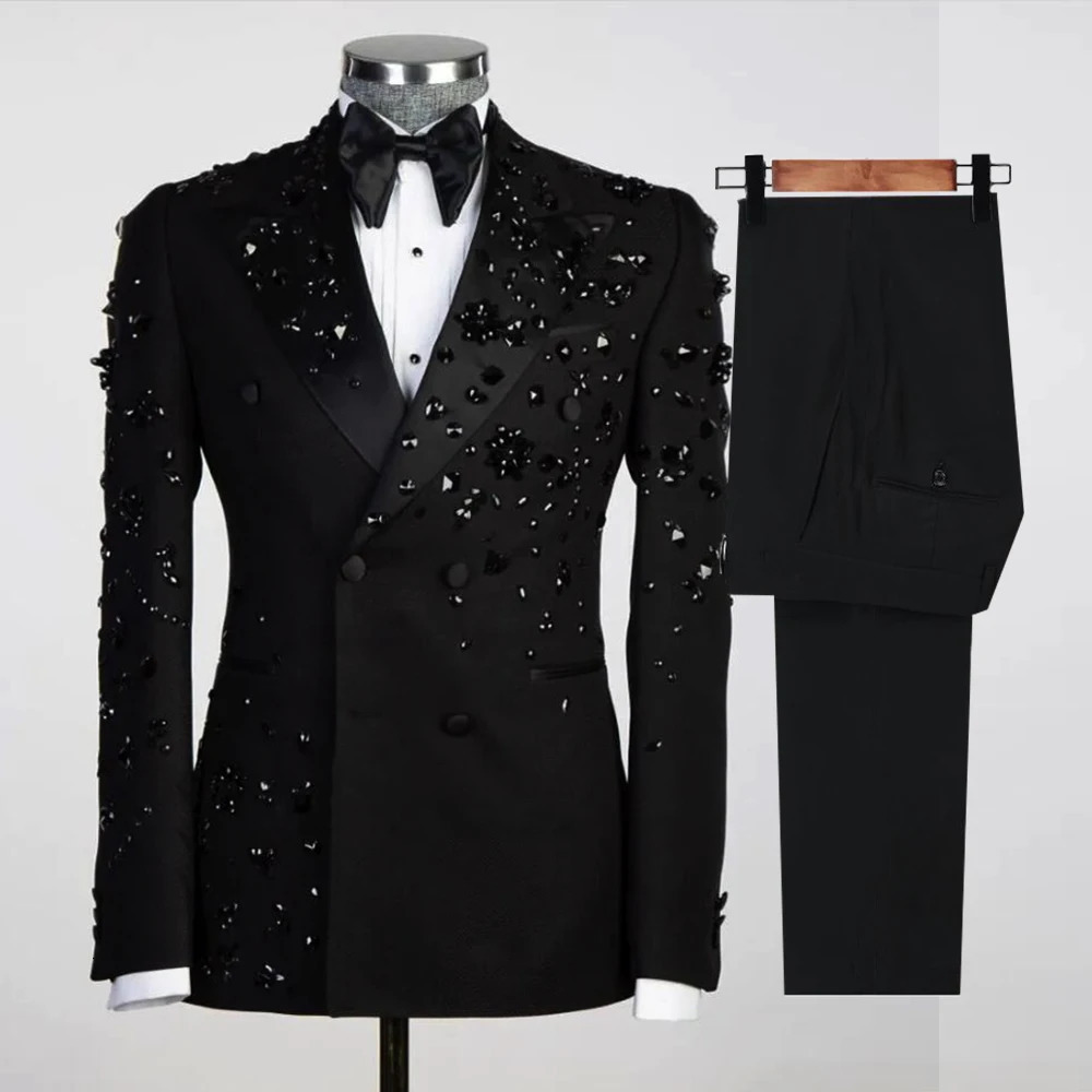 Formal Wedding Suits For Men Fit Slim Black Beading Jacket Pants 2 Pieces Sets Male Fashion Groom Custom Made Tuxedos Prom Party 240201