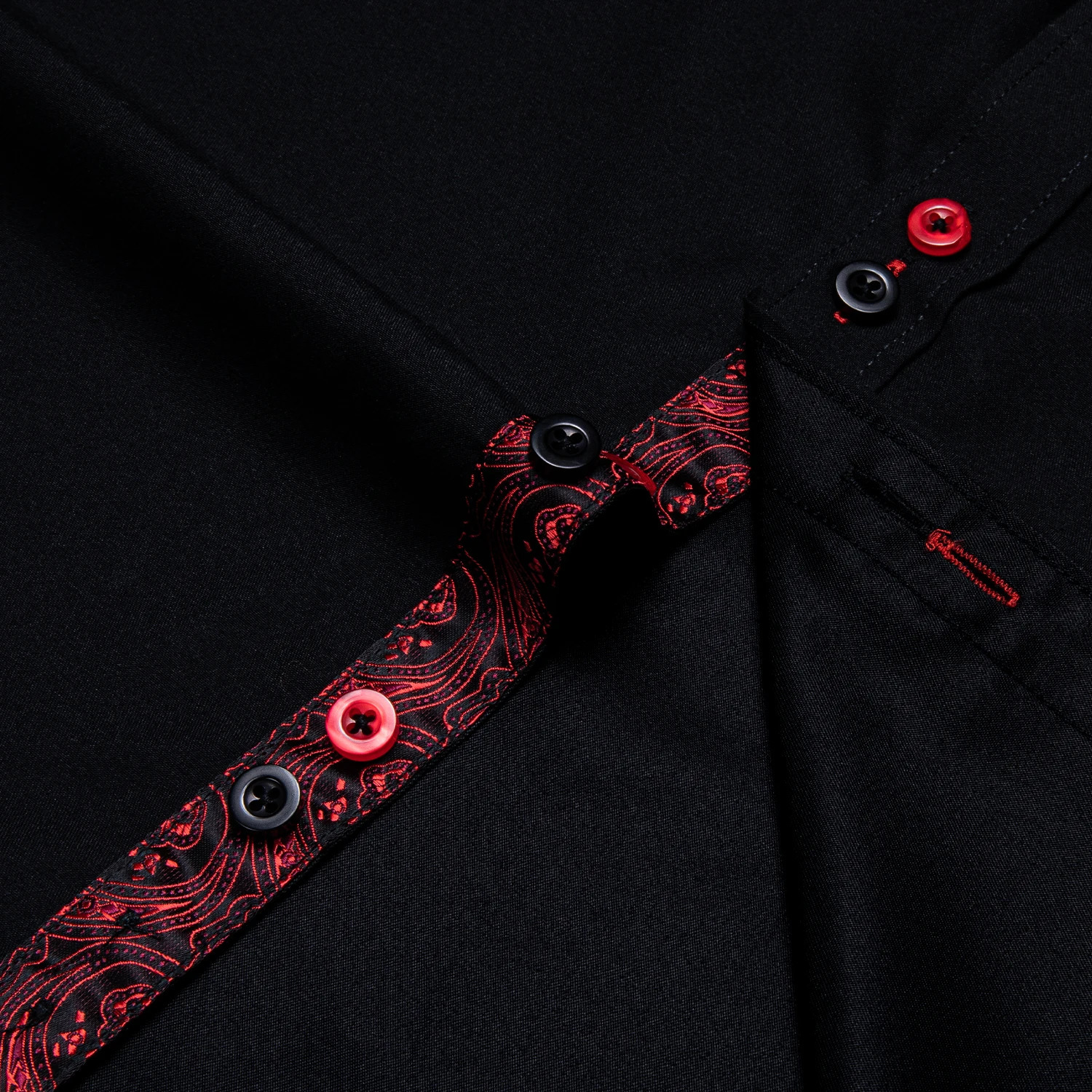 DiBanGu Men Shirt Long Sleeve Black Solid Red Paisley Color Contrast Fashion Dress Shirt for Men Buttondown Collar Men Clothing 240118