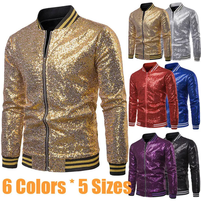 Men Male Sequined Stylish Slim Long Sleeve Baseball Jacket Coat Zipper Coat Wedding Party Jacket Tuxedo Suit Coat Night Clubwear 240124