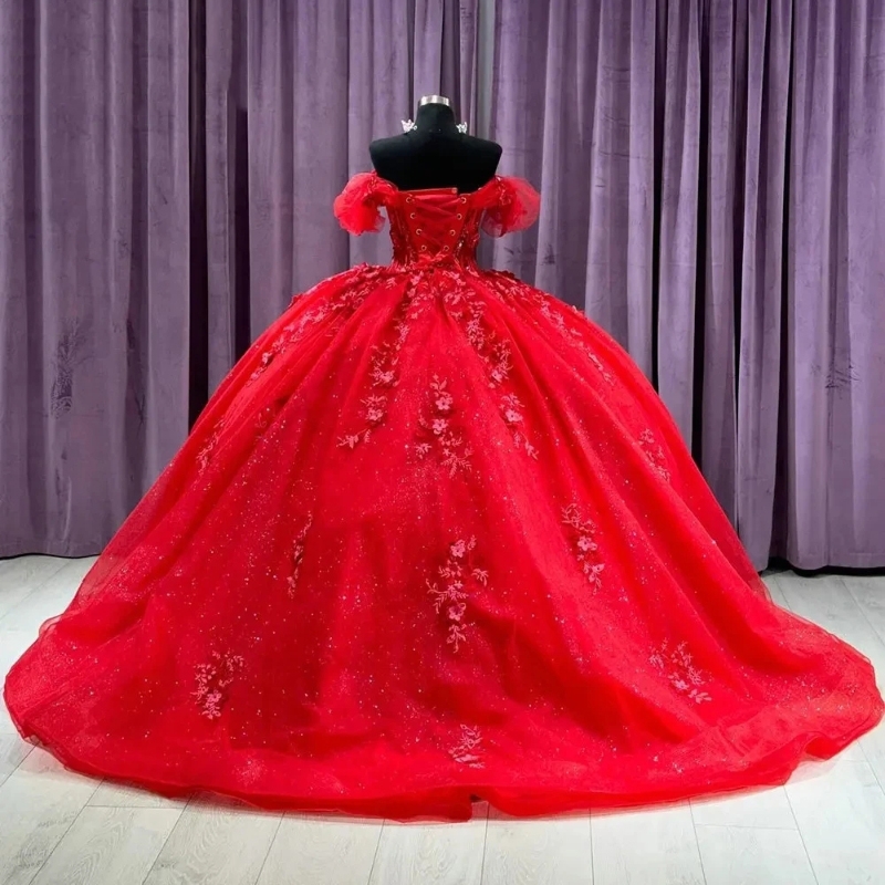 Red ral Appliques Lace Ball Gown Quinceanera Dresses Off The Shoulder Shiny Crystal Corset Vestidos De 15 Anos Sweet 16 Dress