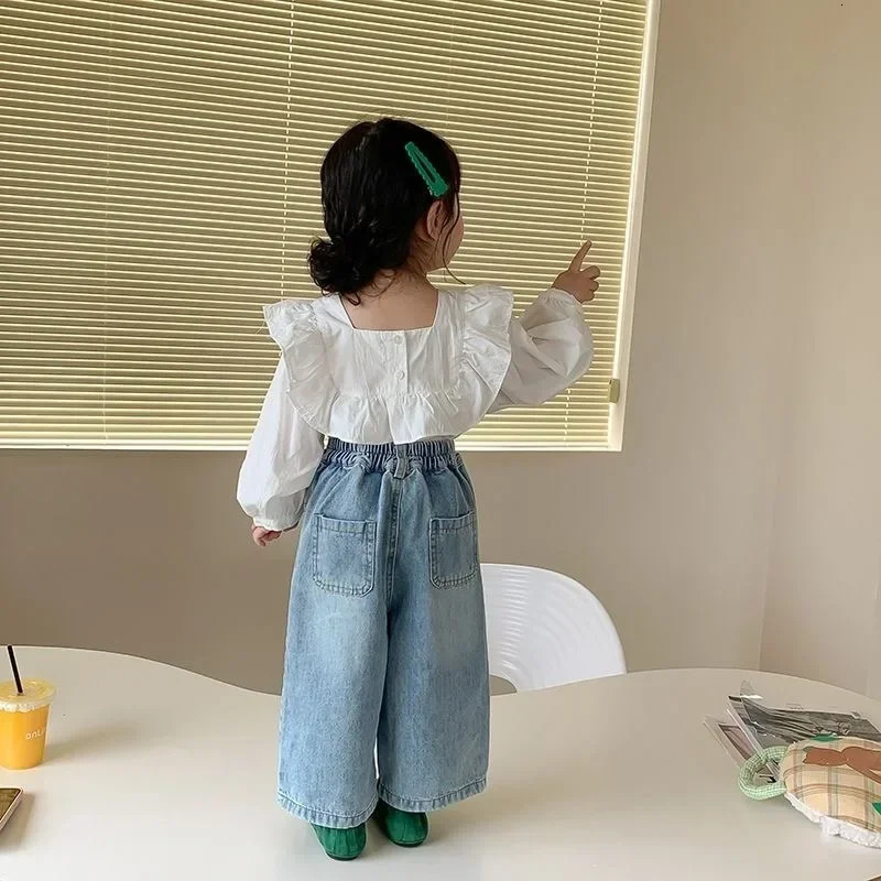 Fashion Baby Girl Boy Wide Leg Jeans Pant Cotton Shirt Infant Toddler Child Loose Denim Trousers Casual Baby Clothes 1-7Y 240118