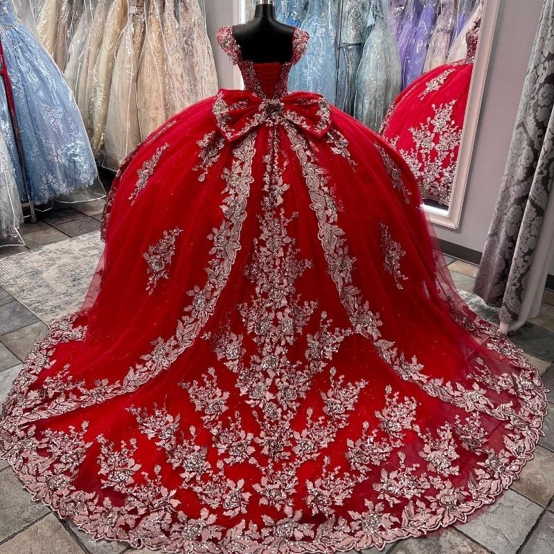 Dark Sexy Red Quinceanera Dree Ball Gown Off Shoulder Gold Lace Applique Crytal Bead Puffy Coret Back With Bow Ruffle Party Dre Prom Evening