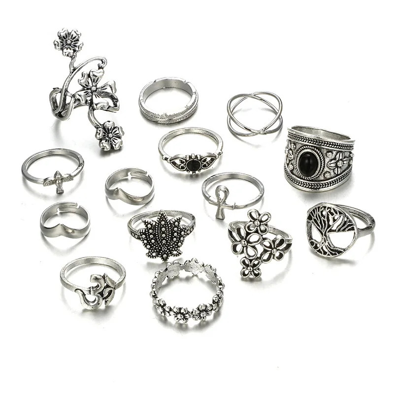 Wholesale 100pcs/Lot Assorted Diy Bohemia Vintage Silver Color Flower Finger rings For Women Party Gift Jewelry Rings 240125