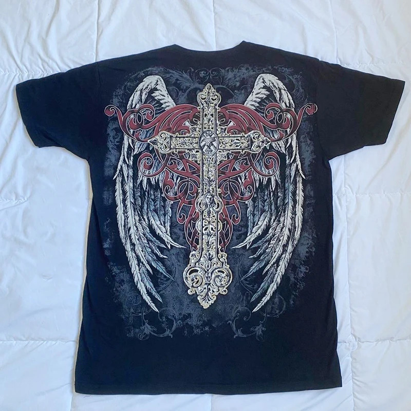 Y2K Cyber Grunge Cross Wing Print T-shirt E Girl Gothic Mall Goth Loose Tee 90s Vintage Harajuku Short Sleeve Tops Women Men 240129