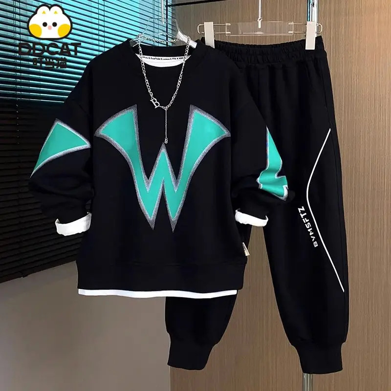 Children Warm Tracksuit Boys Letter Pullover Sweatshirt Pants Bottoms Set for Fall Winter Kids Clothes Suits for 4-14Y 240118