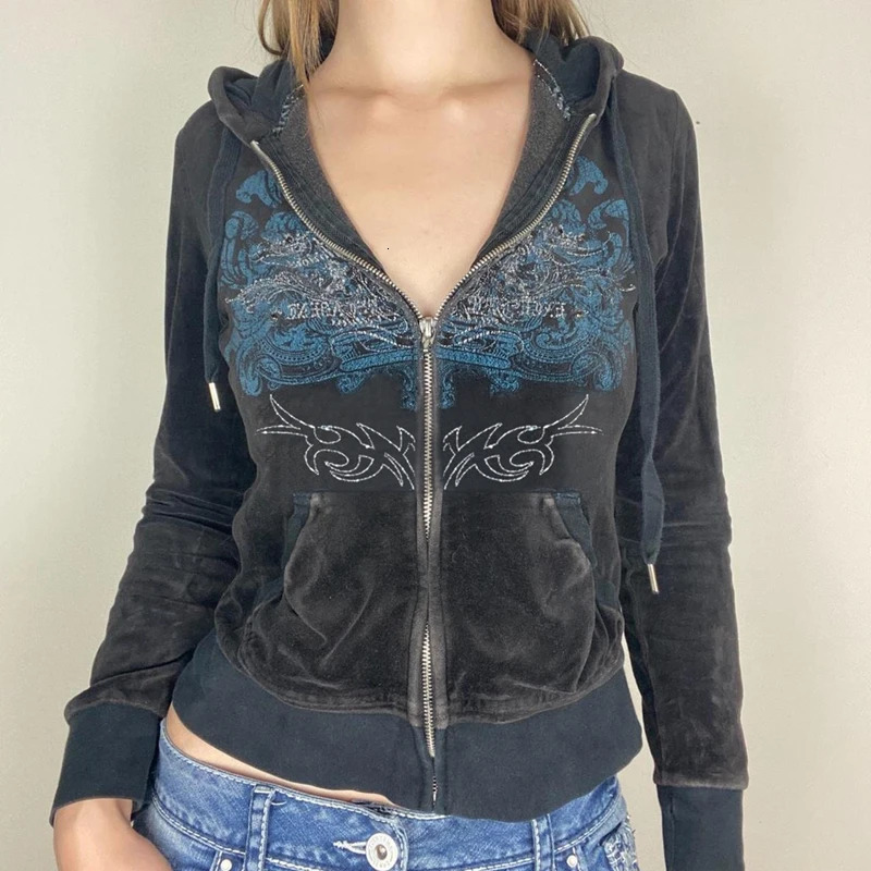 Y2K Aesthetic Vintage Slim Sweatshirts Embroidery Graphic Pattern Zip Up Hoodies 2000s Retro Grunge Mall Goth Jacket Autumn Coat 240202