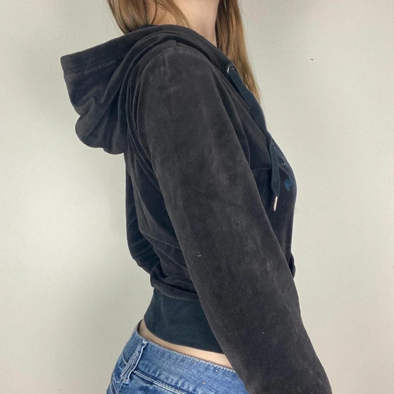 Y2K Aesthetic Vintage Slim Sweatshirts Embroidery Graphic Pattern Zip Up Hoodies 2000s Retro Grunge Mall Goth Jacket Autumn Coat 240202