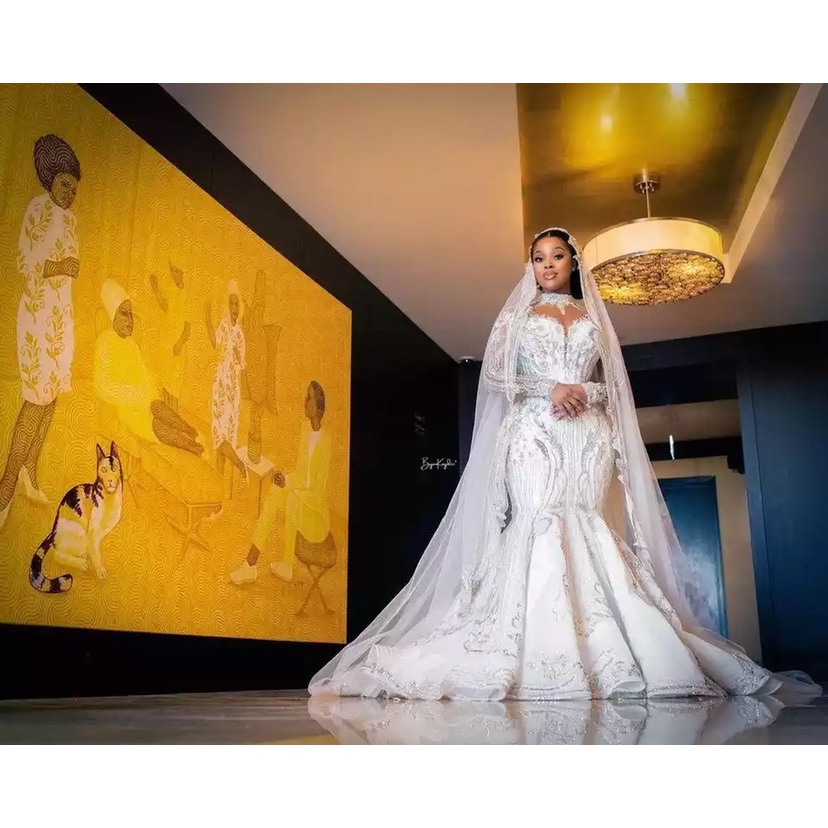 Plus Size Mermaid Dresses Black Girl Sheer Illusion Neck Crystal Dress Sweep Train Designer Wedding Bridal Gowns 0914