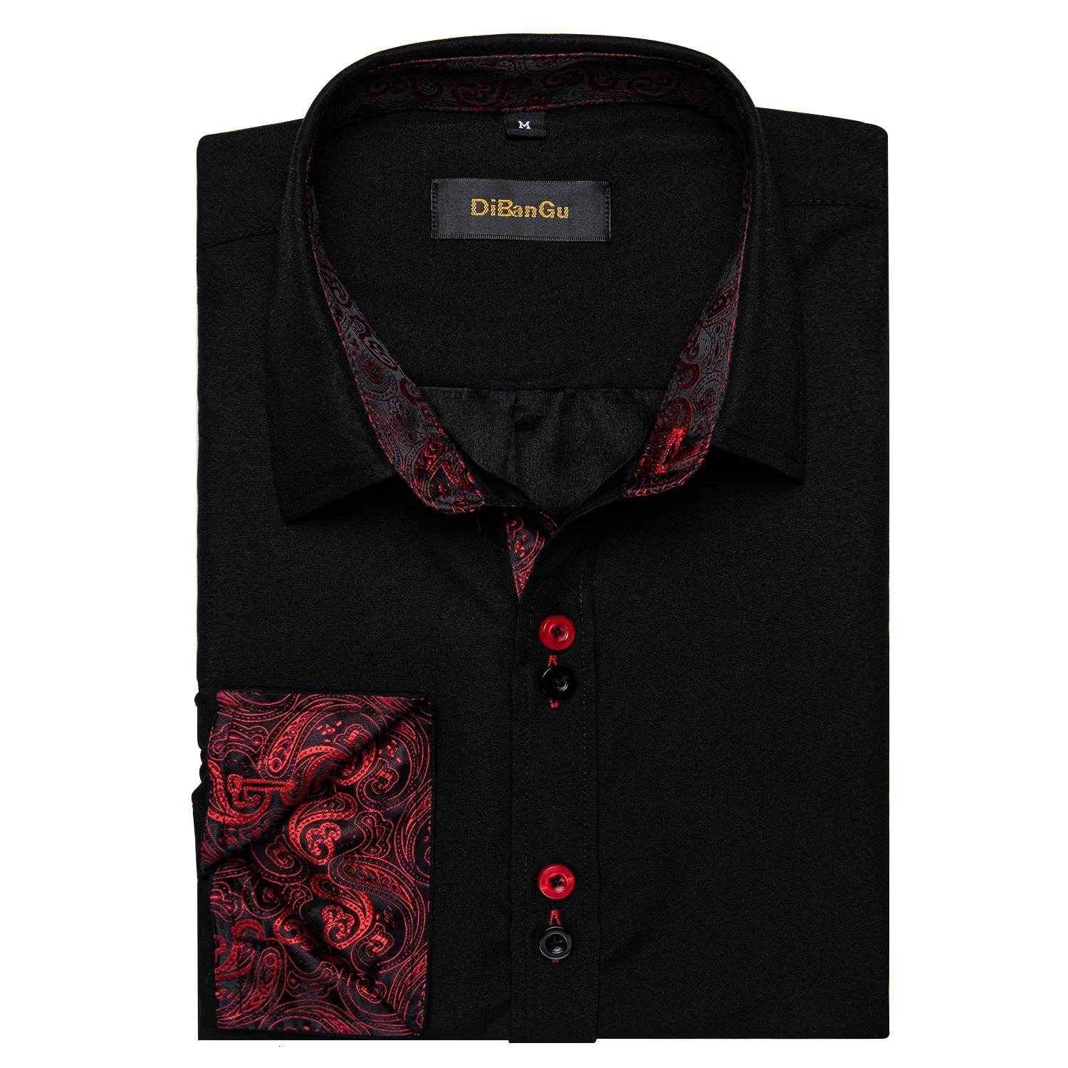 DiBanGu Men Shirt Long Sleeve Black Solid Red Paisley Color Contrast Fashion Dress Shirt for Men Buttondown Collar Men Clothing 240118