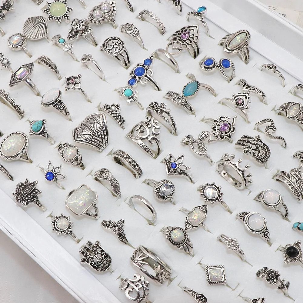 Wholesale 100pcs/Lot Assorted Diy Bohemia Vintage Silver Color Flower Finger rings For Women Party Gift Jewelry Rings 240125