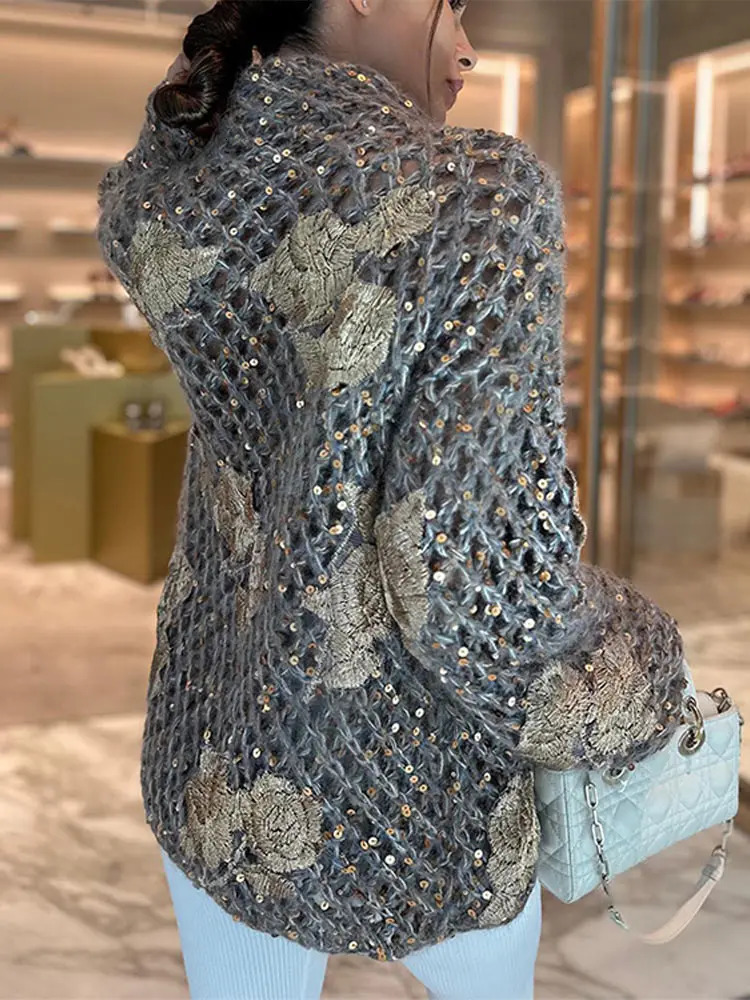 Flower Embroidery Women Hollow Out Cardigan Loose Shiny Stand Collar Zipper Knitted Coat Elegant Ladies Evening Party Sweater 240202