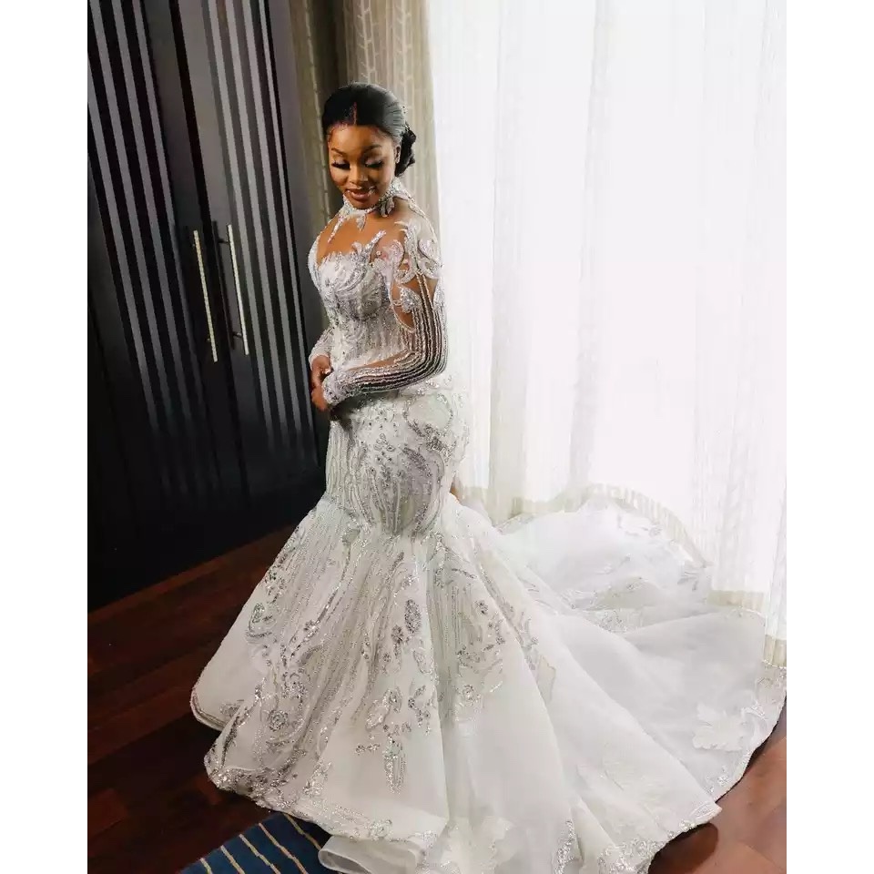 Plus Size Mermaid Dresses Black Girl Sheer Illusion Neck Crystal Dress Sweep Train Designer Wedding Bridal Gowns 0914