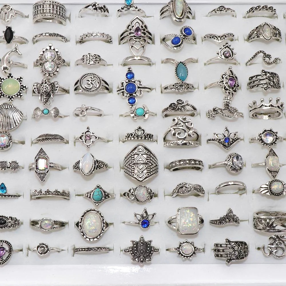 Wholesale 100pcs/Lot Assorted Diy Bohemia Vintage Silver Color Flower Finger rings For Women Party Gift Jewelry Rings 240125