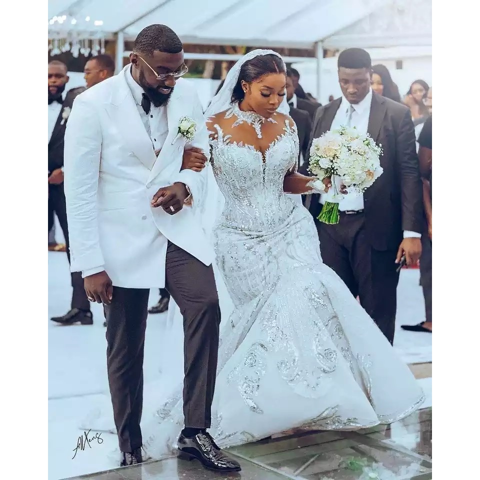 Plus Size Mermaid Dresses Black Girl Sheer Illusion Neck Crystal Dress Sweep Train Designer Wedding Bridal Gowns 0914