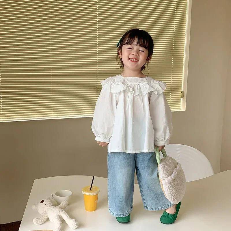 Fashion Baby Girl Boy Wide Leg Jeans Pant Cotton Shirt Infant Toddler Child Loose Denim Trousers Casual Baby Clothes 1-7Y 240118