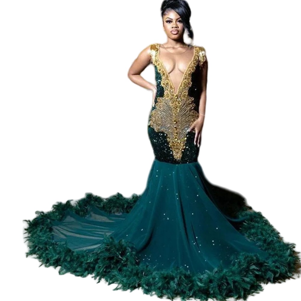 2024 Dresses Wear Sexy Dark Green Deep V Neck Mermaid Sequined Lace Gold Crystal Beads Backless Feather Arabic Women Formal Evening Gowns