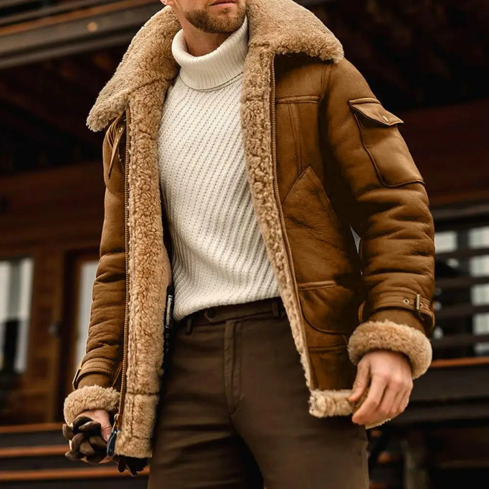 Men Plus Size Winter Coat Lapel Collar Long Sleeve Padded Leather Jacket Vintage Thicken Coat Sheepskin Jacket with Hood for Men 240124