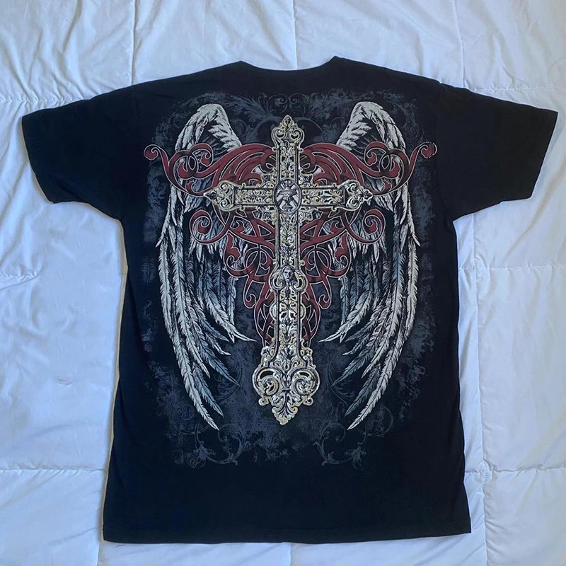 Y2K Cyber Grunge Cross Wing Print T-shirt E Girl Gothic Mall Goth Loose Tee 90s Vintage Harajuku Short Sleeve Tops Women Men 240129