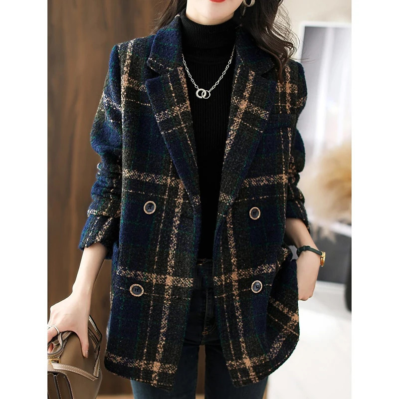 Women Mid Length Casual Plaid Woolen Jacket Female Spring Autumn Retro British Style Wool Blend Lattice Overcoat Wild Top 240124