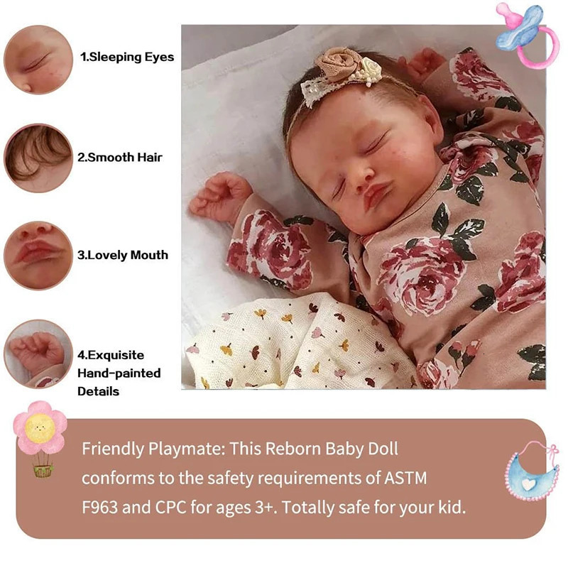 Handmade Reborn Dolls 20inch Cute Reborn Sleeping Baby Doll Girl Rosalie with Hand-Rooted Brown Hair and Gift Already Doll 240131