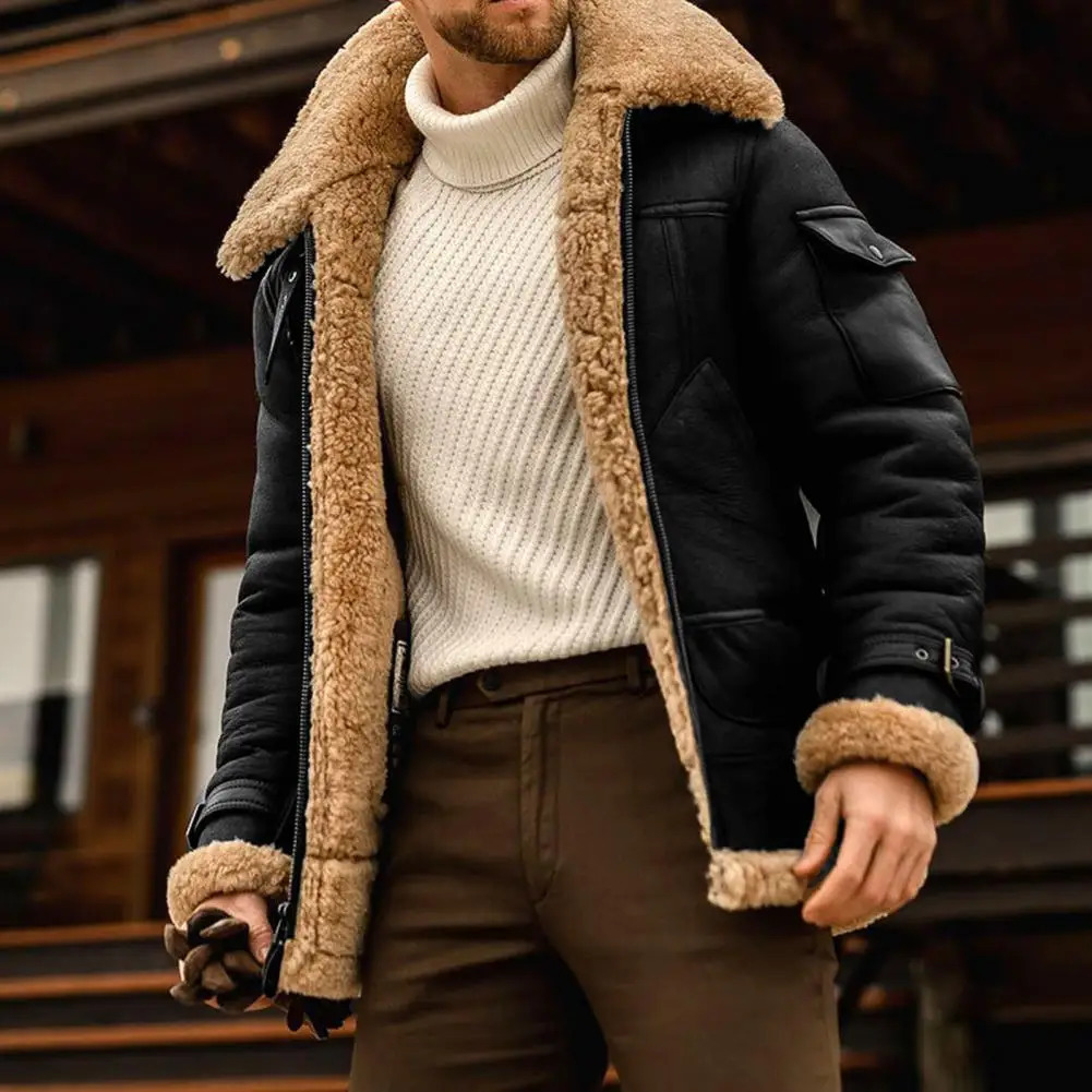 Men Plus Size Winter Coat Lapel Collar Long Sleeve Padded Leather Jacket Vintage Thicken Coat Sheepskin Jacket with Hood for Men 240124