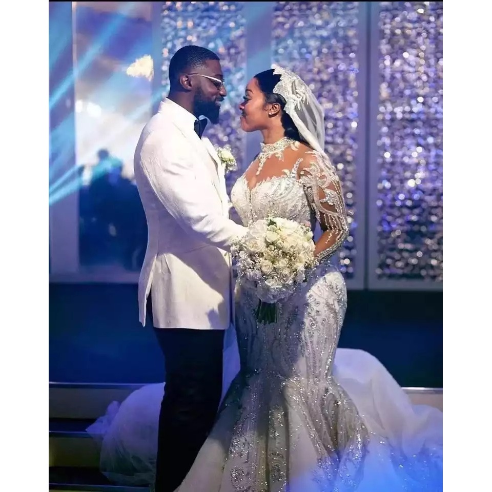 Plus Size Mermaid Dresses Black Girl Sheer Illusion Neck Crystal Dress Sweep Train Designer Wedding Bridal Gowns 0914