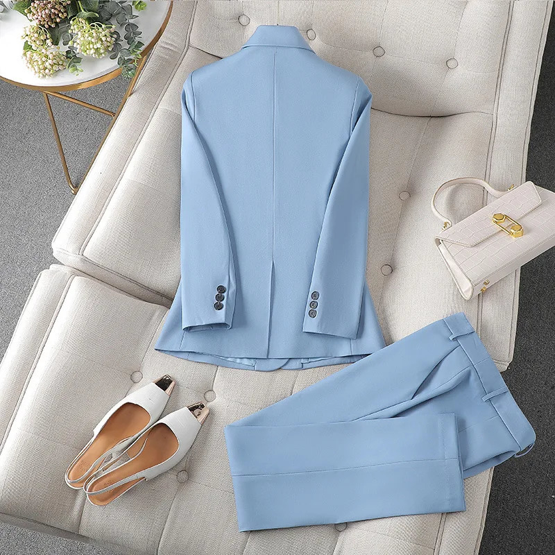 Solid Office Lady Suit For Women Blue Brown Apriot Color Blazer And Pants Spring Autumn Pantsuit 2 Piece 240127
