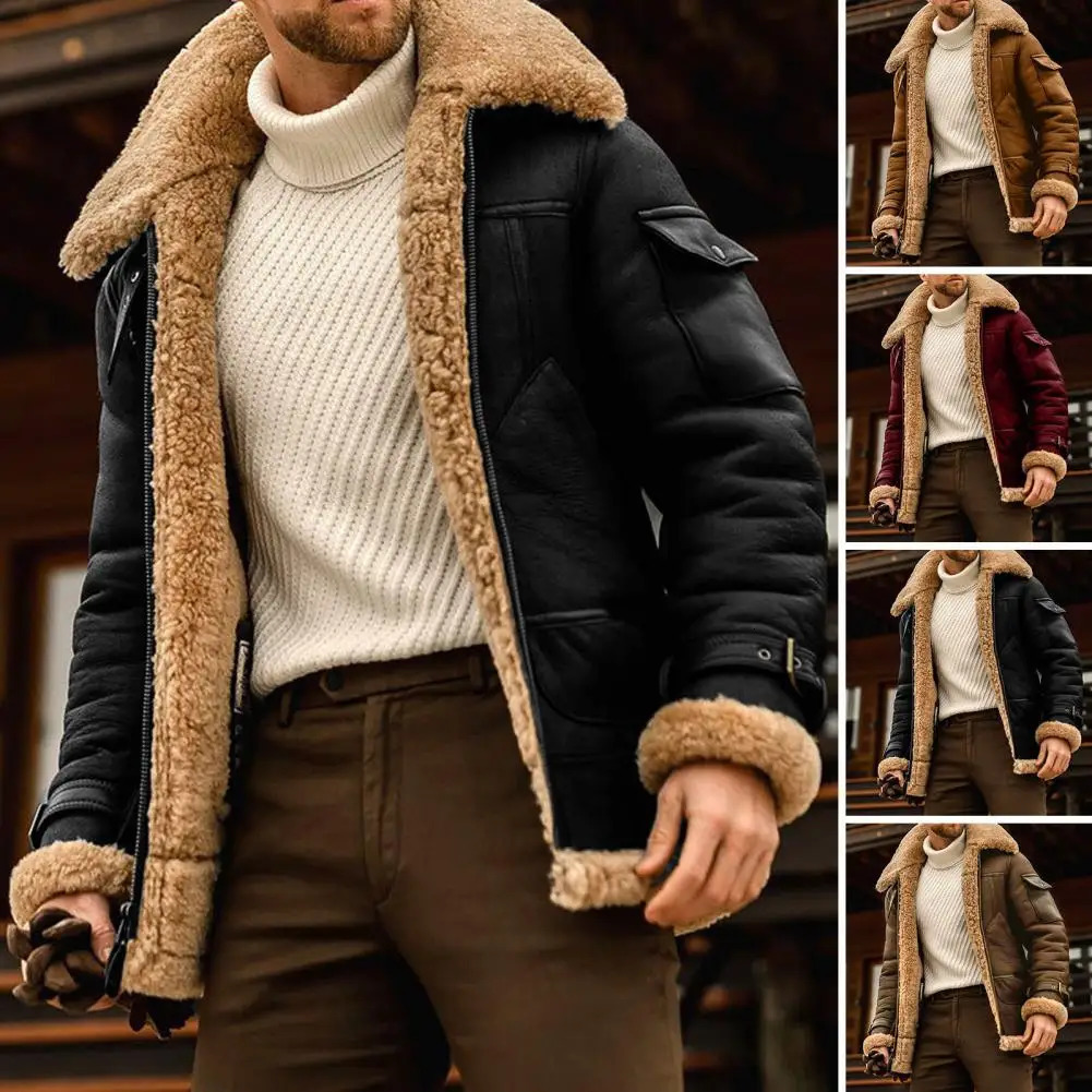 Men Plus Size Winter Coat Lapel Collar Long Sleeve Padded Leather Jacket Vintage Thicken Coat Sheepskin Jacket with Hood for Men 240124