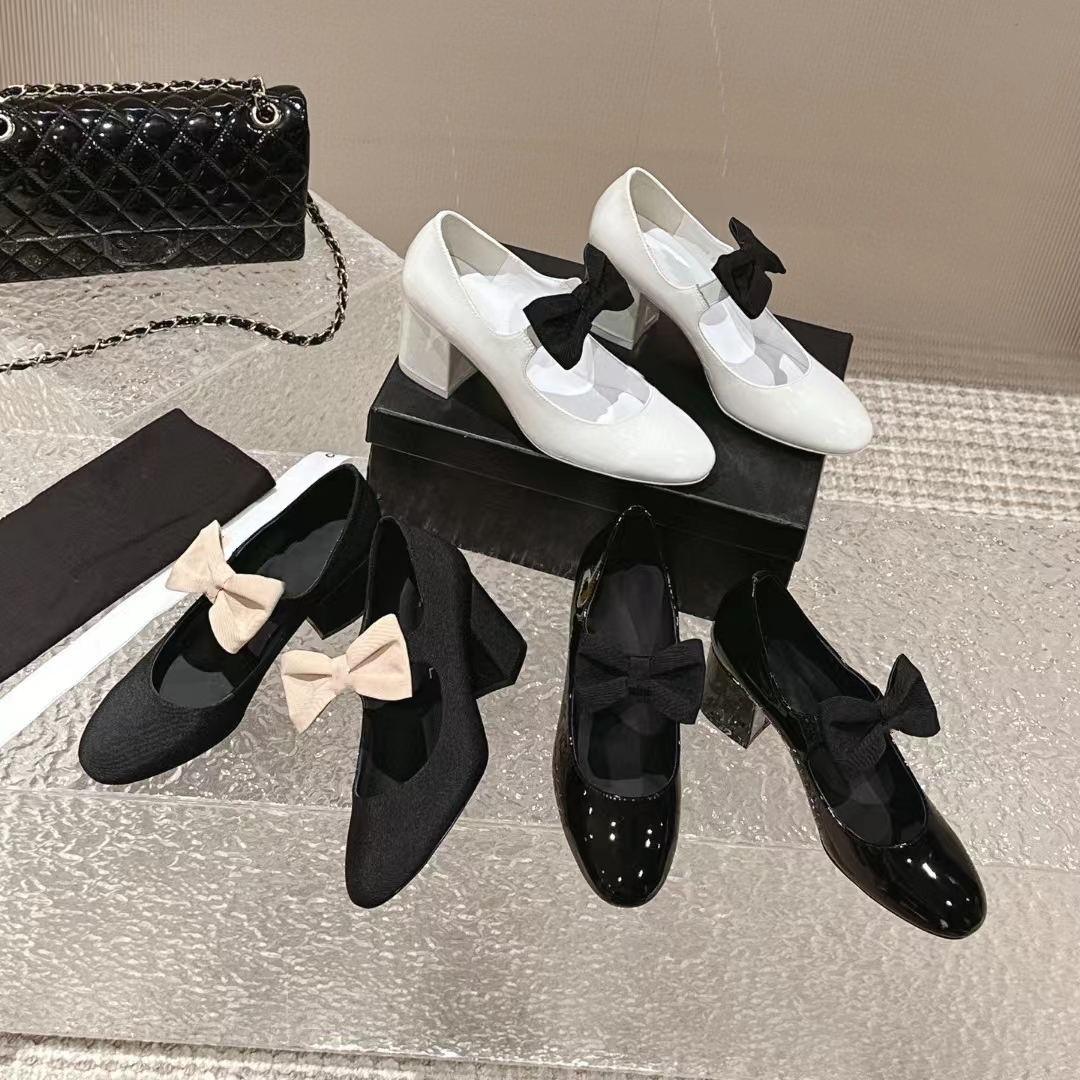 2024 New Designer Mary Jane Shoes Women's Fashion Versatile Bow 100% Genuine Leather Block Heel Pumps EU34-41
