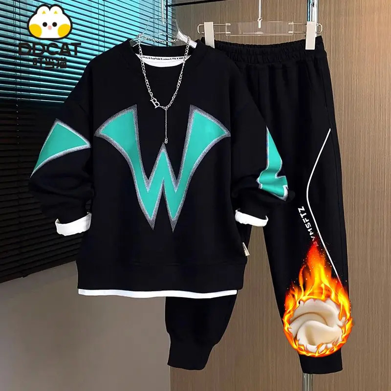 Children Warm Tracksuit Boys Letter Pullover Sweatshirt Pants Bottoms Set for Fall Winter Kids Clothes Suits for 4-14Y 240118