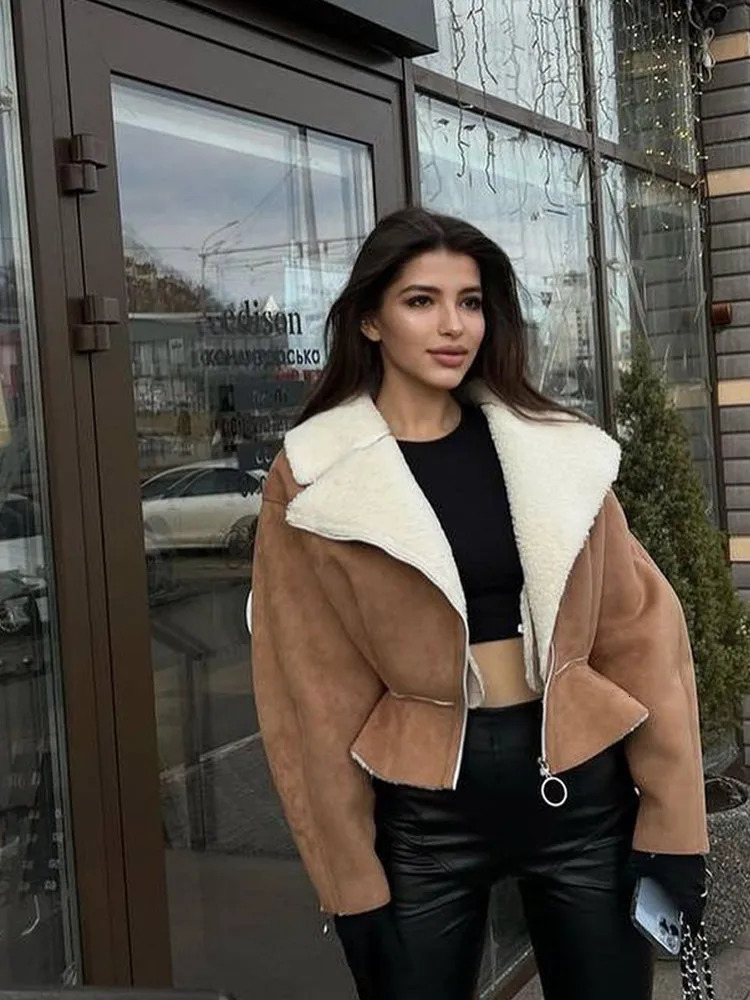 Lamb Wool Turndown Collar Short Jackets Women Solid Long Sleeve High Waist Tops Female Autumn Winter Fashion Streetwear Lady 240124