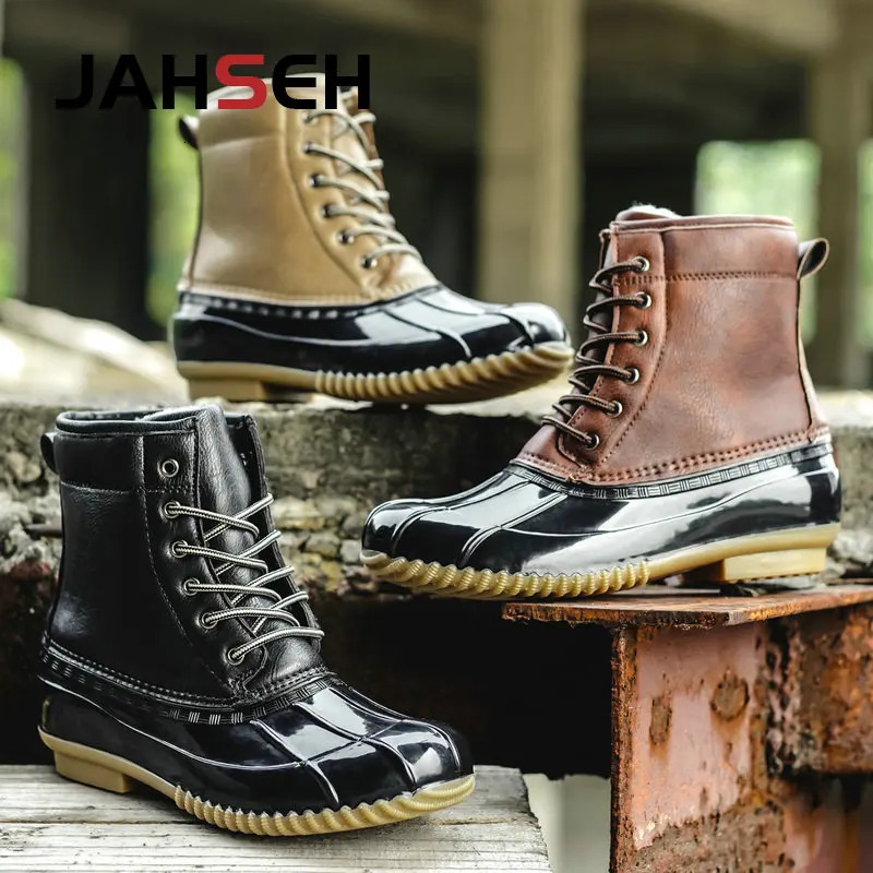 2025 new Plush Warm Men Winter Snow Duck Unisex Waterproof Rubber Sole Rain Boots Lace Up Ankle Fashion Walking Shoes 240202