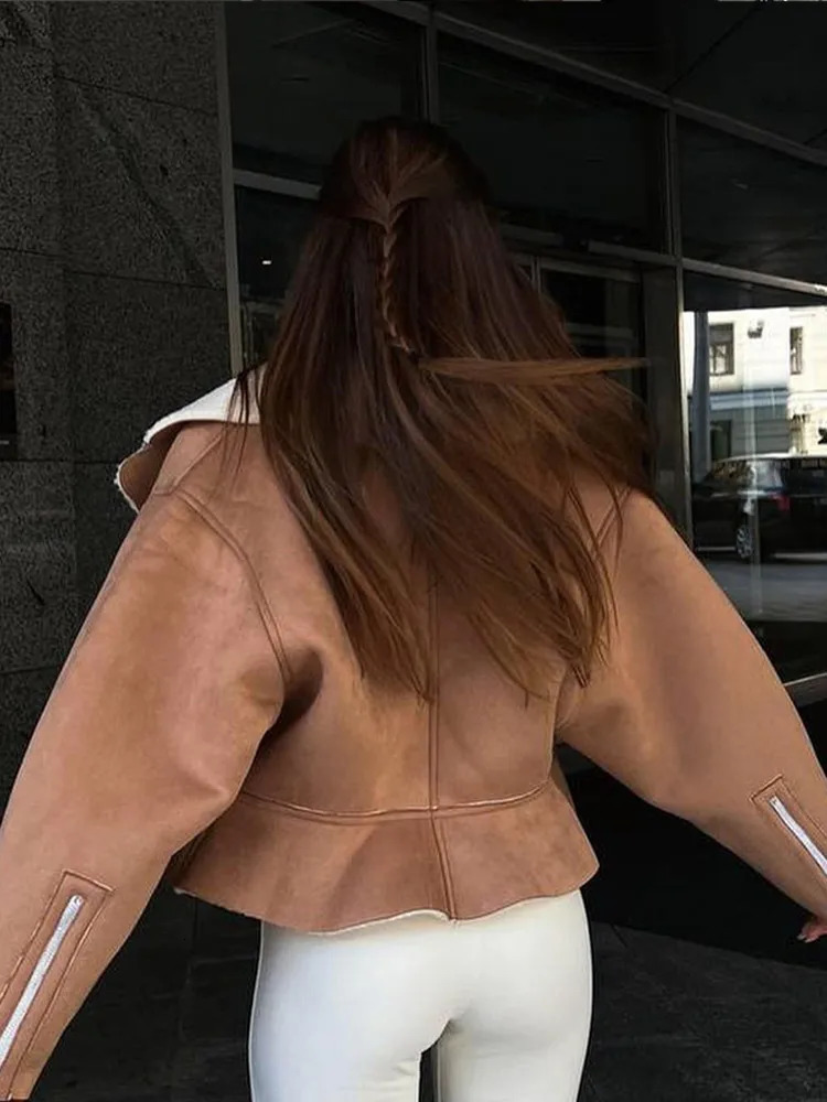 Lamb Wool Turndown Collar Short Jackets Women Solid Long Sleeve High Waist Tops Female Autumn Winter Fashion Streetwear Lady 240124