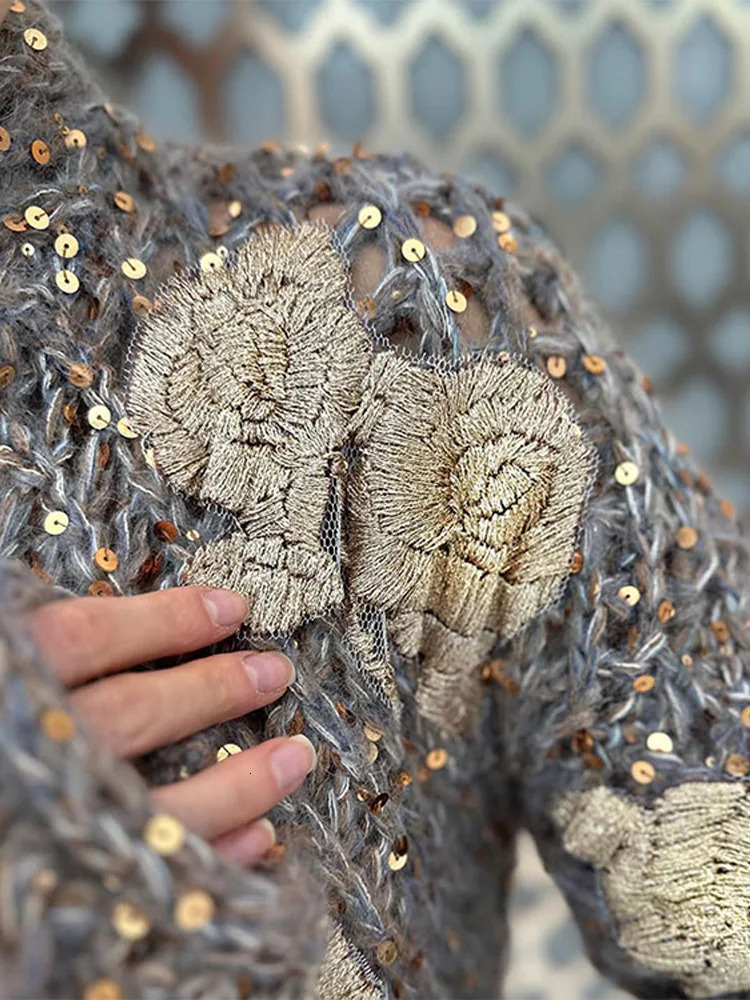 Flower Embroidery Women Hollow Out Cardigan Loose Shiny Stand Collar Zipper Knitted Coat Elegant Ladies Evening Party Sweater 240202