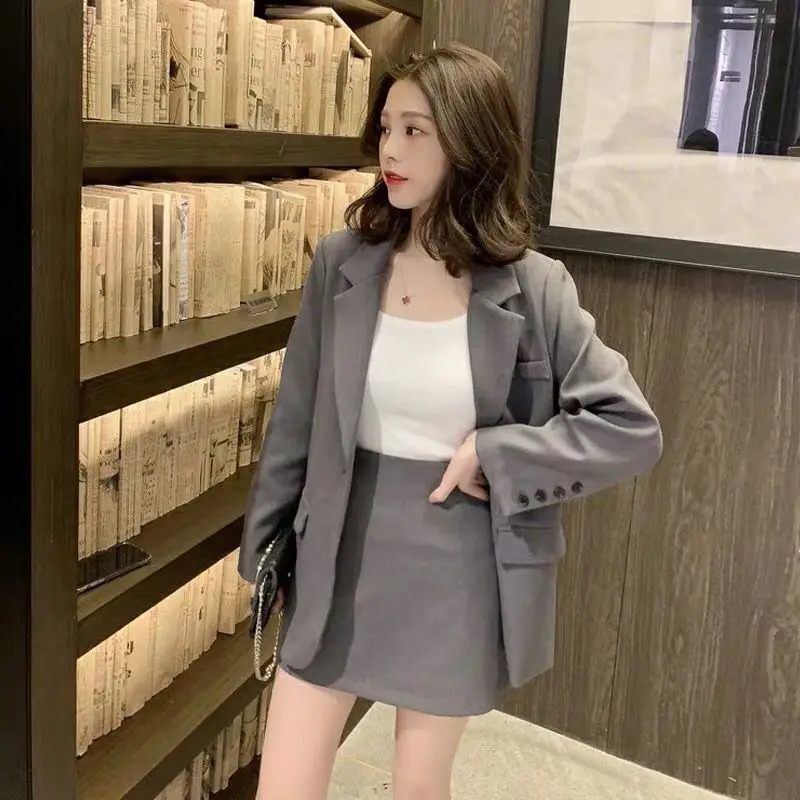 Womens Short 2 Sets Office Two Piece Set for Women Suit with Skirt and Blazer Outfit Summer Long Sleeve Co Ord Korean Style 240202