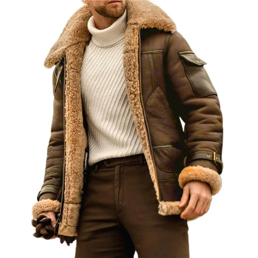 Men Plus Size Winter Coat Lapel Collar Long Sleeve Padded Leather Jacket Vintage Thicken Coat Sheepskin Jacket with Hood for Men 240124