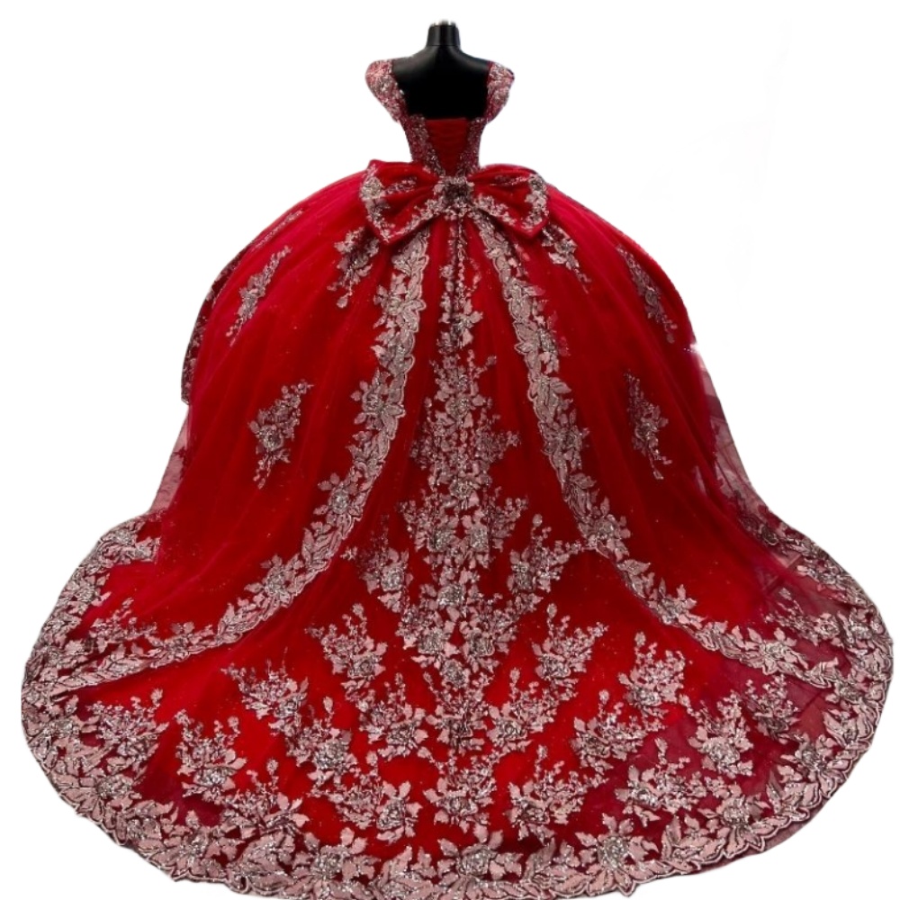 Dark Sexy Red Quinceanera Dree Ball Gown Off Shoulder Gold Lace Applique Crytal Bead Puffy Coret Back With Bow Ruffle Party Dre Prom Evening