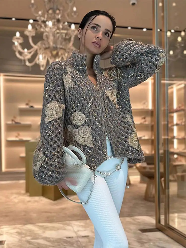 Flower Embroidery Women Hollow Out Cardigan Loose Shiny Stand Collar Zipper Knitted Coat Elegant Ladies Evening Party Sweater 240202