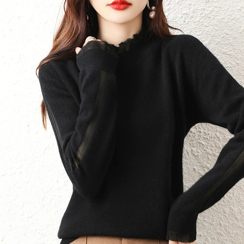 Lace collar Cashmere Elegant Women Sweater Knitted Pullovers Loose Soft Female Knitwear Jumper 240130