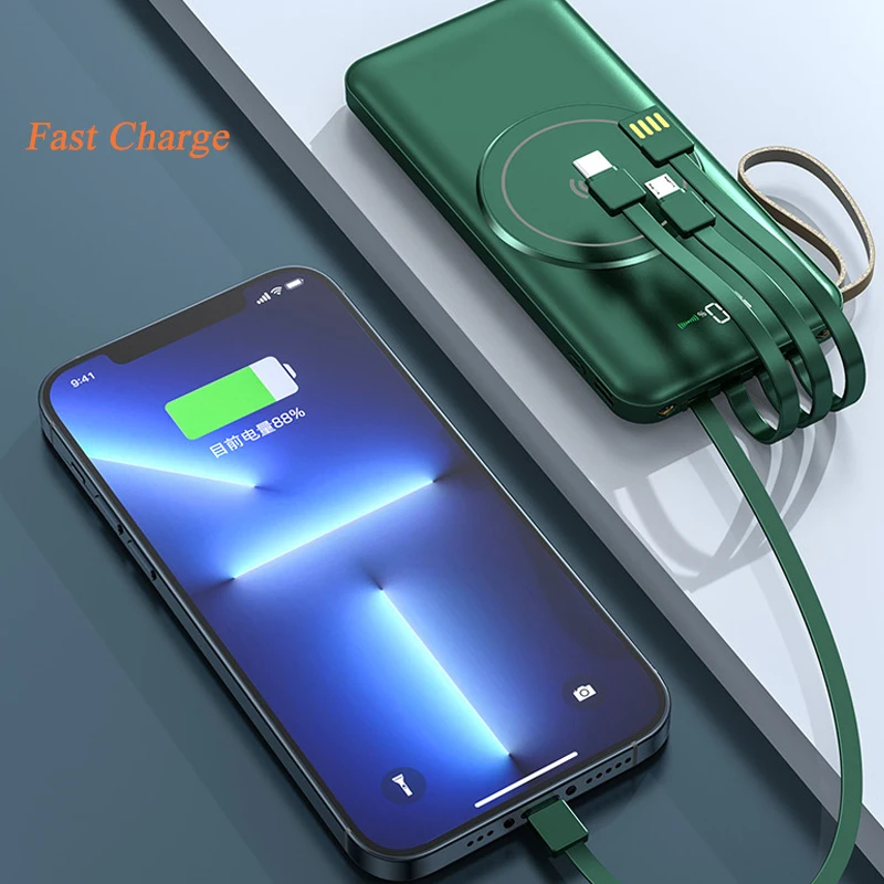 20000mah Magnetic For iPhone 12 13 14 Powerbank Built in Cables Fast Charge Wireless Power Bank External Battery Pack