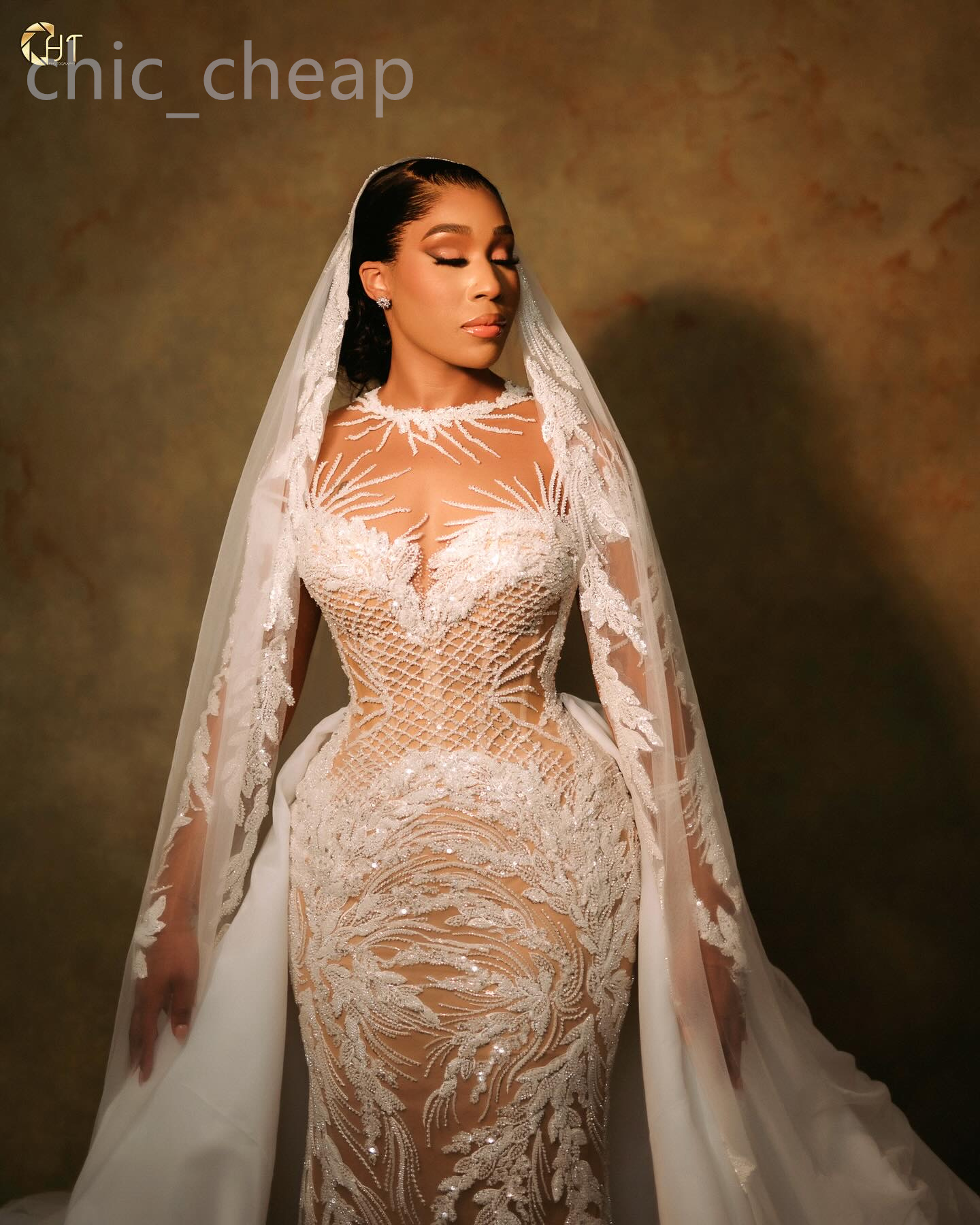 2024 Arabic Aso Ebi Plus Size Illusion Mermaid Ivory Wedding Dress Beaded Sequined Lace Bridal Gowns Dresses ZJ033