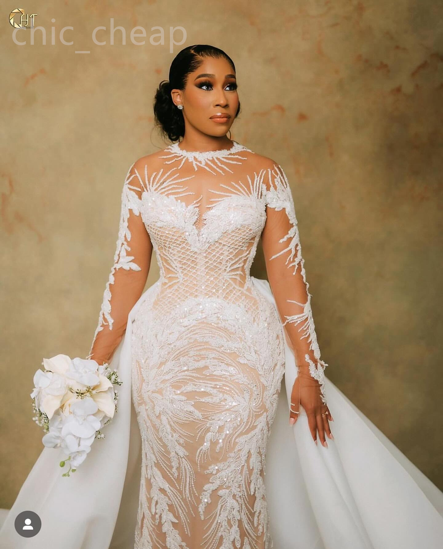 2024 Arabic Aso Ebi Plus Size Illusion Mermaid Ivory Wedding Dress Beaded Sequined Lace Bridal Gowns Dresses ZJ033