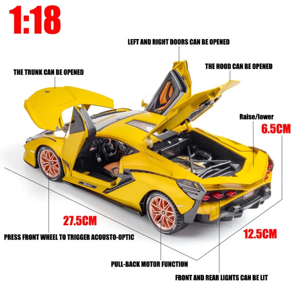 1/18 Lambor Car Model Alloy Diecast Boys Toy SIAN FKP37 Supercar High simulation 4 Door Opened With Light Collections Kids Toy 240131